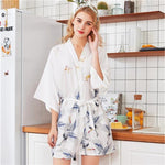 Cargar imagen en el visor de la galería, Pijama Estilo Kimono Blanco Grulla de Japón