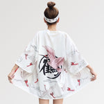 Cargar imagen en el visor de la galería, Chaqueta Kimono Mujer Estampado de Grullas 'Kamen Rider'
