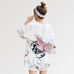 Cargar imagen en el visor de la galería, Chaqueta Kimono Mujer Estampado de Grullas 'Kamen Rider'
